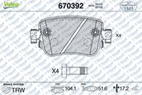 VALEO 670392 Arka Fren Balatasi Audi A1 1.0/1.2/1.4d/1.4/1.6d/1.8/2.0d 05/10> Audi A1 Sportback 1.0/1.4d/1